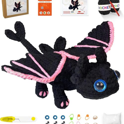 1 Crochet Kit for Beginners, Learn to Crochet Dragon Animals - Step-by-Step Video Tutorials, Beginner Crochet Kit for Kids and Adults, Lovely Black Dragon (40%+ Yarn Content)