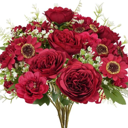 Artificial Christmas Flowers Silk Dahlias Peonies Bouquets Mixed Red Sunflowers 15'' Winter Flowers Christmas Floral Arrangements for Home Table Centerpieces Indoor Outdoor Xmas Holiday Party