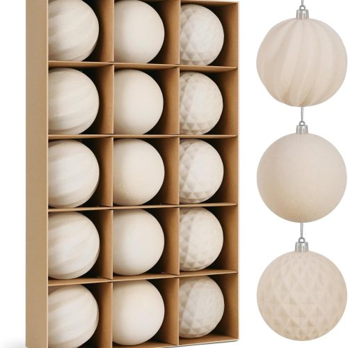 15 Pcs Velvet Christmas Balls Hanging Ornaments Set, Shatterproof Plastic Flocked Christmas Tree Balls Xmas Decorations Festival Holiday Party Decor (Beige,3.15 Inch)