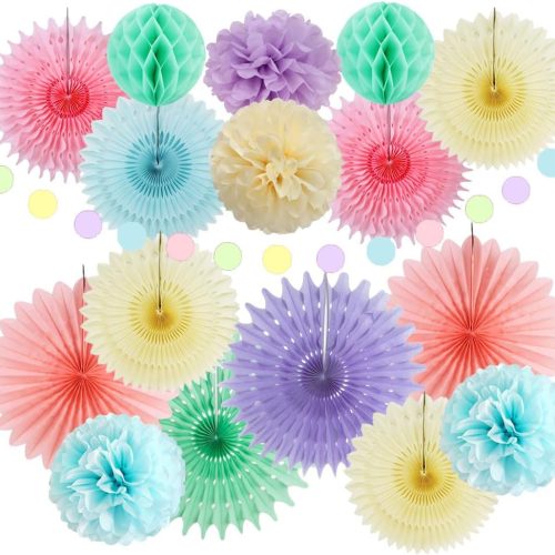 Pastel Party Decorations Rainbow Paper Fans Party Decorations Light Pink Blue Purple Tissue Paper Pom Poms Honeycomb Balls for Pastel Birthday Bridal Baby Shower Colorful Ice Cream Party Decorations