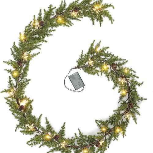 6FT Artificial Evergreen Garland, Faux Pine Garland Realistic, Prelit Christmas Garland with Star, Pine Cone, Battery Operated with Timer, for Table Staircase Mantle