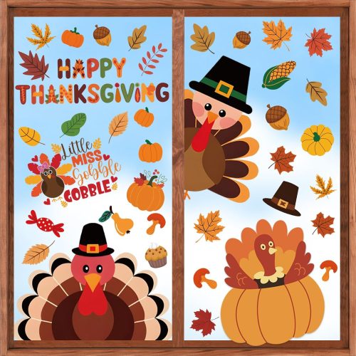Thanksgiving Window Clings, Fall Decorations for Home, Turkey Pumpkin Stickers Decor, Cute Autumn Decals for Glass Windows, 9 Sheets