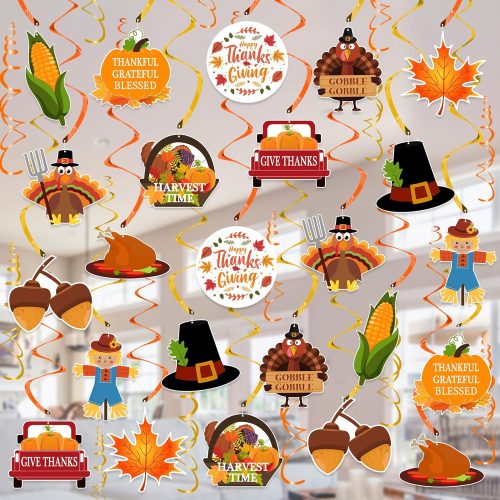 Thanksgiving Decorations Hanging Swirl - 36Pcs Thanksgiving Hanging Ceiling Streamers - Turkey Corns Pumpkin Maple Leaves Swirls for Home Indoor Outdoor Party Office Decor Supplies (NO DIY Required)