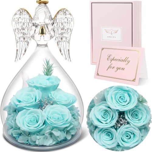Glass Angel Figurine with 5 Forever Real Preserved Roses for Mom, Grandma, Women | Handcrafted Eternal Flower Keepsake, Home Decor, Birthday Christmas Angel Statue