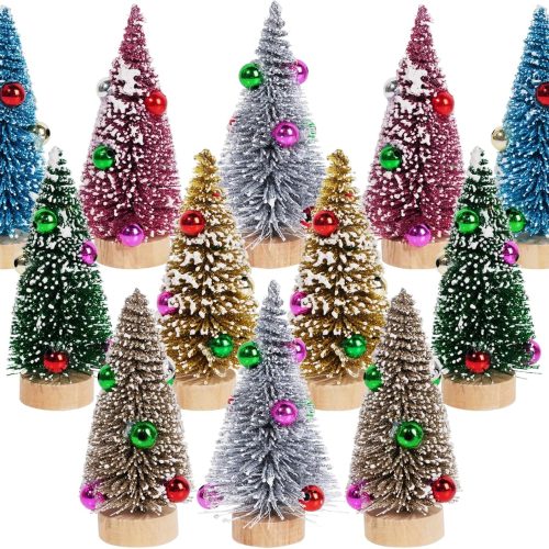 12Pcs Mini Christmas Trees Small Sisal Trees Mini Pine Trees with Wood Base Mini Bottle Brush Trees Artificial Mini Christmas Trees Assorted Color for Christmas Winter Decoration (Multicolor)