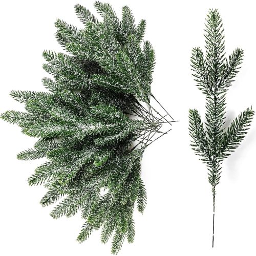 13PCS 11.8” Snow Frosted Artificial Pine Branches Christmas Snowy Pine Needles Fake Greenery Pine Spray Picks for DIY Crafts Garland Wreath Xmas Embellishing Home Holiday Decoration