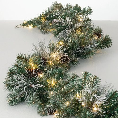 9' Prelit Christmas Garland, Christmas Decor, Garland Christmas Decorations, Artificial Flocked Pine Garland For Mantle with Lights, Pinecones, Battery Timer, and Gold Accents, Holiday Decor