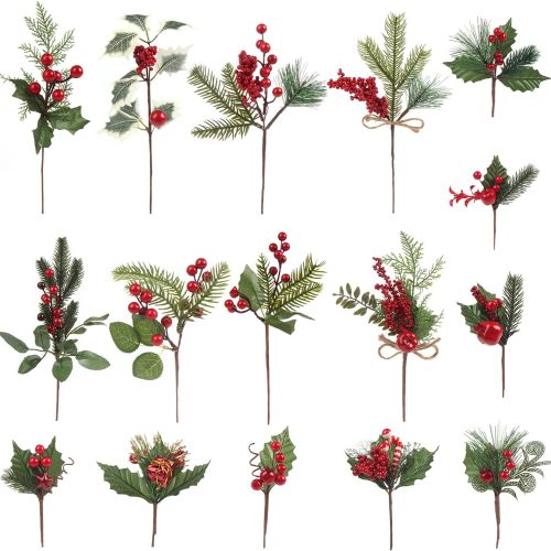 Artificial Christmas Red Berry Picks 16 Pack Assorted Pine Berries Branches Fake Holly Stems for Xmas Tree Decoration Crafts Garland Wreath Décor