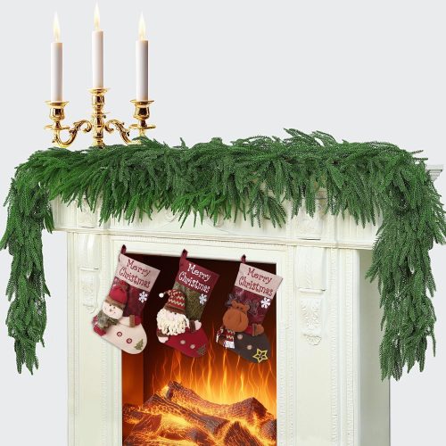 1 6 Ft 2 Pcs Artificial Norfolk Pine Garland, Real Touch Green Faux Greenery Garland for Christmas Table, Mantle, Wall, Fireplace, Indoor Outdoor Holiday Decor