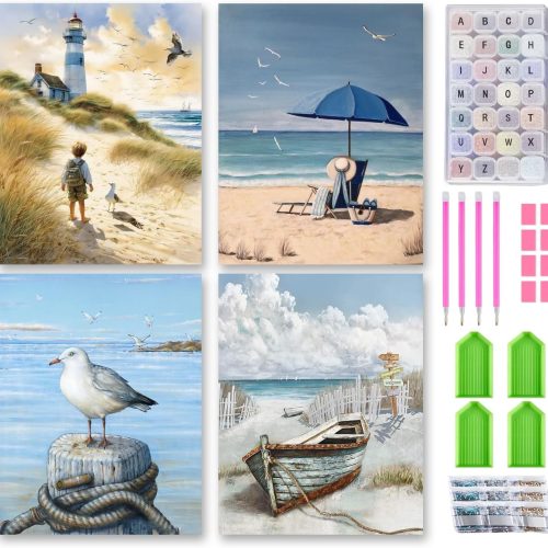 Diamond Painting Kits with Storage Containers, 4 Pack 5D Diamond Art Kits for Adults, Arts Crafts for Adult DIY Home Wall Aesthetic Decor Gift 12 x 16 Inch, Seaside Scenery