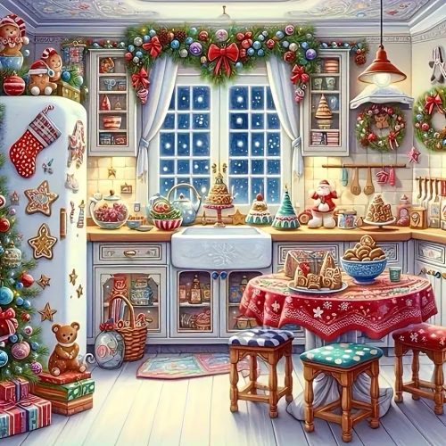 5D Diamond Painting Kits for Adults, Christmas Kitchen Diamond Art for Beginners, DIY Winter Full Round Drill Paint by Diamonds Dot Gem Art for Adults, Home Wall Decor 13.7x13.7 Inch