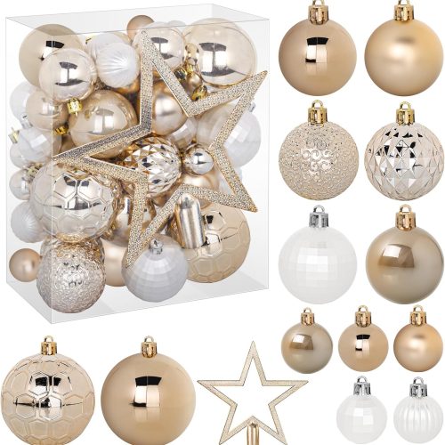 50 Pcs Christmas Ornaments Set with Strings, Christmas Ball Ornaments Set with Hanging Strings, Shatterproof Christmas Decorations Ornaments for Xmas Tree (Deep Champagne)