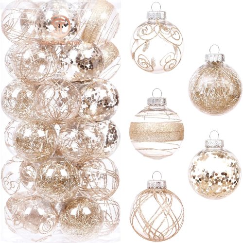 60mm/2.36" Shatterproof Clear Plastic Christmas Ball Ornaments Set with Glitter Painting, Transparent, See-Through, Crystal Baubles, Xmas Tree Decorations (30 Counts, Champagne)