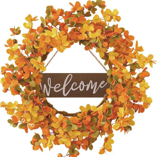 Fall Wreaths for Front Door 20 Inch Autumn Wreath Artificial Thanksgiving Wreath with Welcome Wooden Brand and Pumpkins for Indoor & Outdoor Farmhouse Harvest Celebration