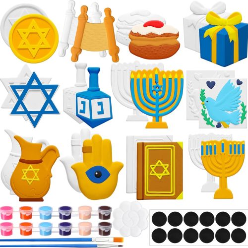 12 Set Passover Crafts Paint Your Own Ceramic Hanukkah Plasters Paint Passover Decoration Gifts DIY Ceramics with Pastel Brush Palette Magnet for Chag Sameach Supplies Carnival Easter Party