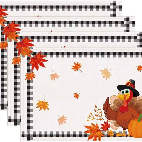 Thanksgiving Turkey Fall Placemats Set of 4 Pumpkin Maple Leaf Table Mat Linen Stain Resistant Washable 12x18 Inch Seasonal Autumn Placemats for Home Party Kitchen Dining Decoration (4pcs)