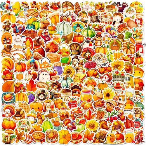 Thanksgiving Stickers Pack, 200Pcs Cute Thanksgiving Pumpkins Vinyl Waterproof Stickers for Water Bottles Envelopes Scrapbooking Crafts, Fall Sticker Gifts for Kids Adults Teens
