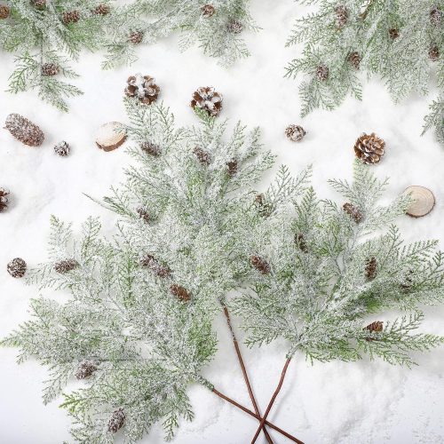 1 12 Pcs 18 Inch Large Christmas Snowy Artificial Cedar Picks with Pine Cones Frosted Pine Branches Faux Christmas Tree Picks and Sprays Fake Greenery Stems for Wreath Floral Crafts Home Decor