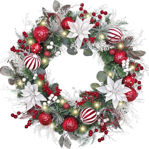 1 24'' Pre-Lit Christmas Wreath for Front Door with Light, Large Lighted Outdoor Christmas Wreath with Red White Xmas Balls & Flower for Home Porch Fireplace Window Holiday Party Decor