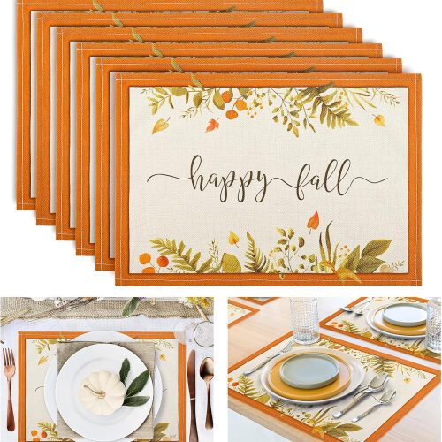 1 6Pcs Happy Fall Burlap Placemats Vintage Autumn Leaves Table Mats Waterproof Fabric Placemat 12 x 18 Inch Heat Resistant Table Mats for Fall Harvest Thanksgiving Home Kitchen Decor Supplies