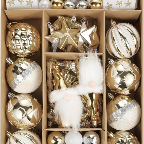 1 Christmas Ball Ornaments Set, 68 ct White Gold Elf Theme Xmas Assorted Ornament, Shatterproof Decorative Hanging Ball Ornament for Party Wedding Christmas Tree Decoration