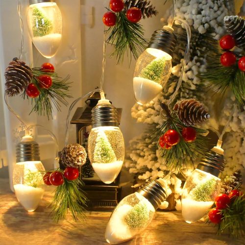 1 6.56 FT Christmas Pine Garland with Lights 10 Tree Snow Bulbs Pine Christmas Tree String Lights Battery Powered with Timer Indoor Christmas Decoration for Home Bedroom Wedding Party Vintage Xmas Decor