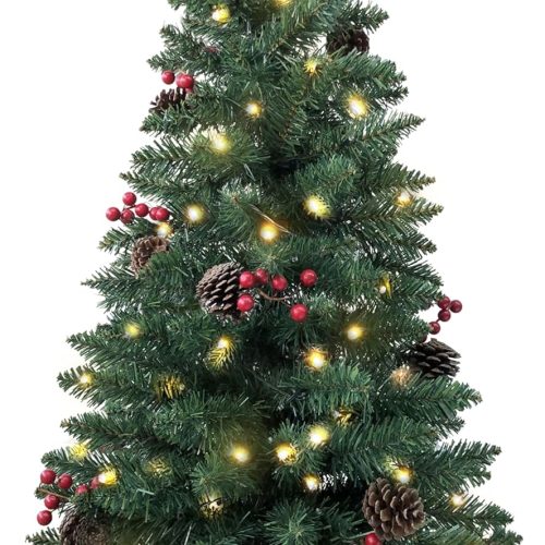 1 3ft Pre-lit Mini Christmas Tree,Artificial Pine 121 PVC Branches Tips with 11 Red Berries & 11 Pinecone & 70 LED String Lights & Burlap Wrapped Base Decor Xmas Tree for Tabletop,Battery Operated