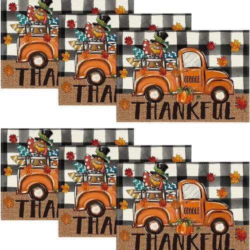 1 Buffalo Plaid Truck Turkey Thankful Fall Placemats Set of 4, 12x18 Inch Autumn Thanksgiving Table Mats for Party Kitchen Dining Decoration