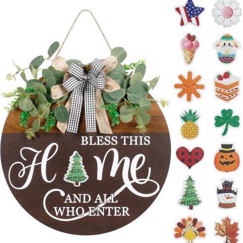 1 Interchangeable Seasonal Welcome Sign for Front Door, Rustic Round Wood Wreath Wall Hanging Decorations, for Spring Summer Fall Winter All Holiday Halloween Christmas Farmhouse Outdoor Home Decor