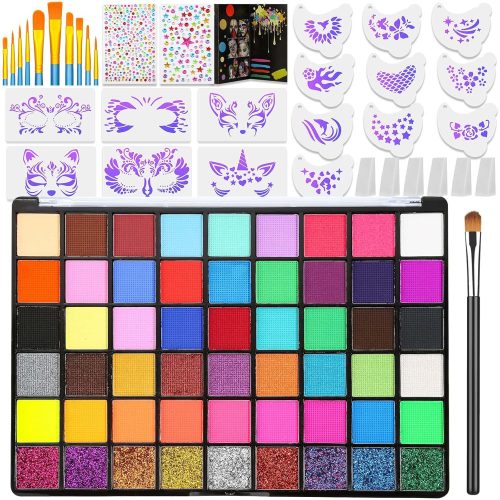 1 Professional Face Painting Kit for Kids and Adults – 54 Color Water Activated Cosplay Makeup Kit, Non-Toxic Body Paint with Stencils, Gems, Brushes– for Halloween FX, Bday Parties, School Event
