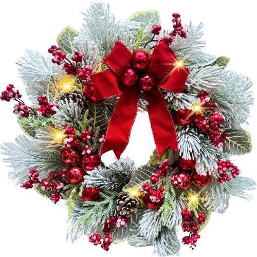 1 22 Inch Lighted Snow Flocked Christmas Wreath with Red Bow Ball Ornaments PineCones Berries Holiday Hanging Decoration for Door, Wall, Mantel