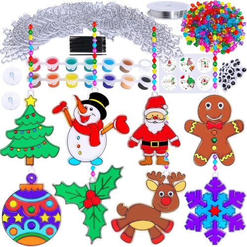 1 24 Sets Christmas Suncatchers Ornaments Decorations DIY Window Paint Art Suncatchers Christmas Craft Kits Santa Snowman Snowflake Reindeer Sun Catchers for Kids Classroom Activities Art Project