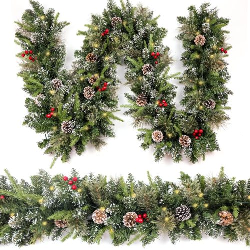 1 Christmas Garland Snowy 9ft with 50 Lights, Christmas Decor with 50 Light Timer for Mantle Staircase Indoor and Outdoor