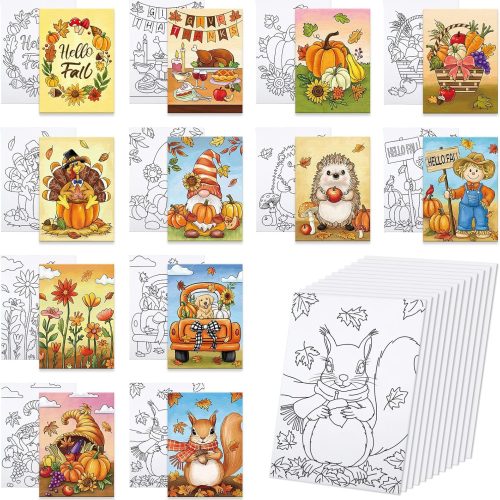 1 Anseal 12 Packs Fall Thanksgiving Pre Drawn Canvas to Paint, 5" X 7" Pre Printed Canvas for Kids, Pre Stretched Canvas Outline Painting Boards for Beginners, Students, Party Favor (Fall)