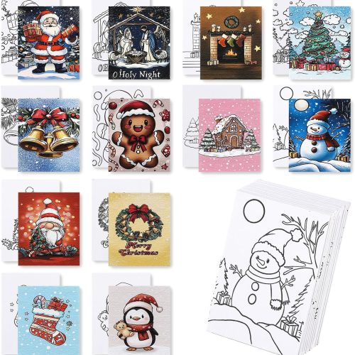 1 12 Packs Christmas Pre Drawn Canvas to Paint, Pre Printed Canvas for Painting, Pre Stretched Canvas Outline Painting Boards for Beginners, Students, Party Favors, Christmas Decorations(5 * 7in)