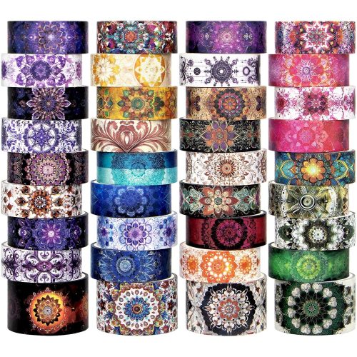 1 36 Rolls Mandala Washi Tape Set - Colored Datura Aesthetic Scrapbook Tape Decorative for Crafts, Journaling, Planners, Scrapbooks, Junk Journal Supplies, Bullet Journaling, 15/25mm Wide