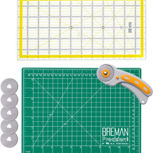 1 WA Portman Self Healing Cutting Mat & Rotary Cutter Set – 45mm Rotary Cutter for Fabric with 5 Extra Blades with 9x12 Fabric Cutting Mats for Crafts & 6x12 Acrylic Quilting Rulers – 3pc Sewing Kit