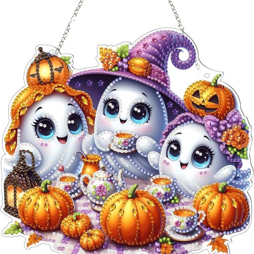 1 Diamond Art Hanging Kit for Adult,Special Shaped Rhinestone,Double Sided 5D DIY Acrylic Diamond Art Painting Window Pendants Home Garden Wall Hanging Kits Hanging Ornament (Halloween Ghost)