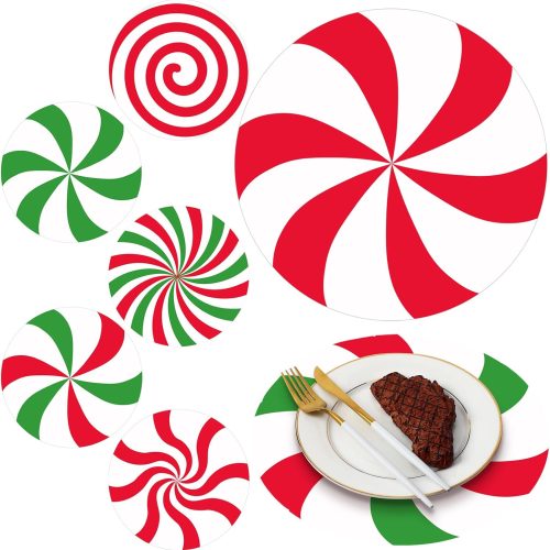 1 Qilery 60 Pcs Disposable Christmas Candy Placemats 12 Inch Christmas Red Green Sweets Paper Round Placemats Table Mats Candy Canes for Xmas Party Home Decorations Kitchen Dining Table