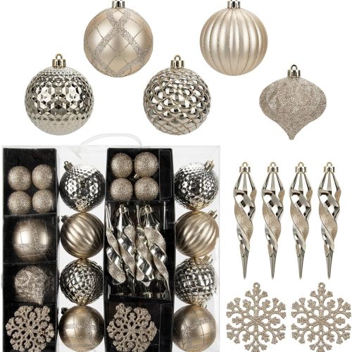 1 50PCS Christmas Tree Ornaments Set with Shatterproof Balls Icicle Snowflake Hanging Ornaments for Home Office Farmhouse Christmas Decorations, Champagne