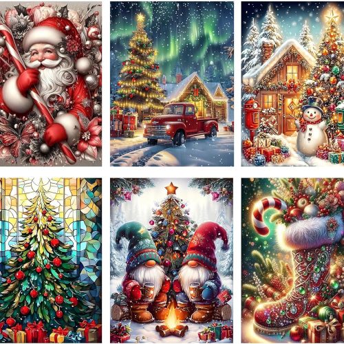 1 6 Pack Christmas Diamond Painting Kits for Adults- Christmas Diamond Art Kits for Adults, Christmas Tree Snowman Boots Santa Claus Truck Gnome Diamond Painting for Home Wall Decor 12x16 Inch