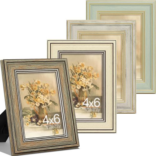 1 Vittanly 4x6 Picture Frame Set of 4, Vintage Photo Frame for Wall or Tabletop, Display 4x6 Pictures, Rustic Farmhouse Home Decor, Multicolour