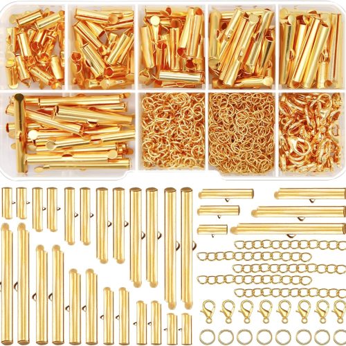 1 EuTengHao 540Pcs Slider Clasp Kit, Beading Tube Slide Cord Ends Slide Tube End Bar with Lobster Clasp Chain Extender Jewelry Finding Kit for Beading Necklace Bracelet Jewelry Making (6 Sizes, Gold)