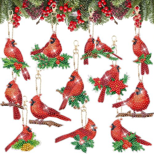 1 Christmas Diamond Painting Keychains Xmas Red Bird Diamond Art Pendants Kits Double Sided Full Drill 5D Diamond Key Rings Hanging Ornaments for Christmas New Year Holiday DIY Crafts Decor
