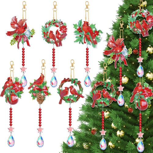 1 6 Pcs Christmas Diamond Art Kits Double Sided Cardinal Diamond Wind Chimes Art for Window Christmas Tree Decoration Cardinal Crystal Pendant Hanging Ornament Keychain for Adults DIY Crafts