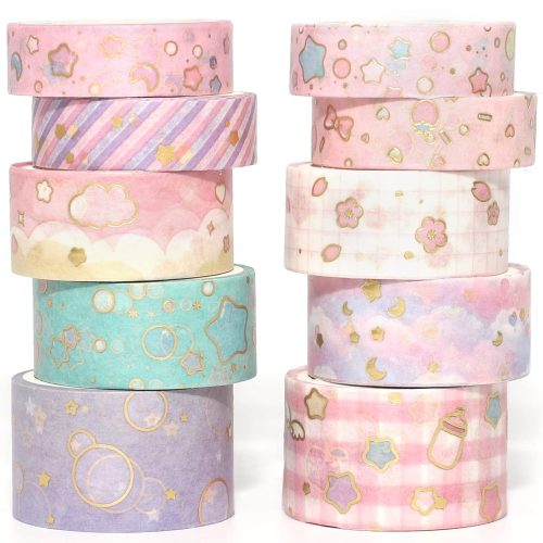 1 YUBX Creative Washi Tape Set 10 Rolls Gold Foil Print Decorative Masking Tapes for Arts, DIY Crafts, Journals, Planners, Scrapbook, Wrapping (Cute Sweety)