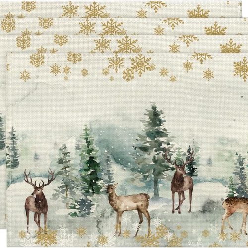 Watercolor Deer Trees Snowflakes Christmas Placemats for Dining Table, 12 x 18 Inch Seasonal Winter Xmas Holiday Rustic Vintage Thanksgiving Washable Table Mats Set of 4