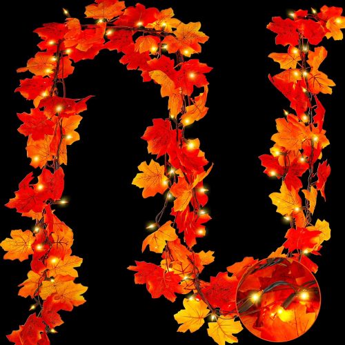 1 9FT Fall Decor Fall Decorations for Home, 50 Orange Bulbs Plug in Fall Garland with Lights, Connectable Maple Leaves Light for Indoor Outdoor Festival Decorations Fireplace Party