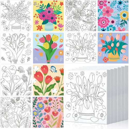 1 Honoson 6 Pcs 6 Inch Pre Drawn Outline Canvas Paint Kit with Pictures for Adults Paint Party Stretched Canvas Art Boards Set for Adult Beginner(Floral Style)