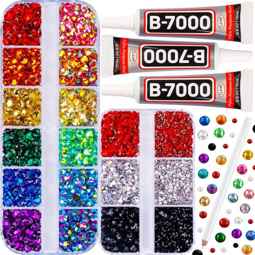1 b7000 Glue with 11000Pcs Multicolored Rhinestones Flatback for Crafts Clothes Fabric Crafting Tumblers, Bedazzler Kit with Multi Colorful Gems Rainbow Flat Back Crystal 2,3,5mm Assorted Colored